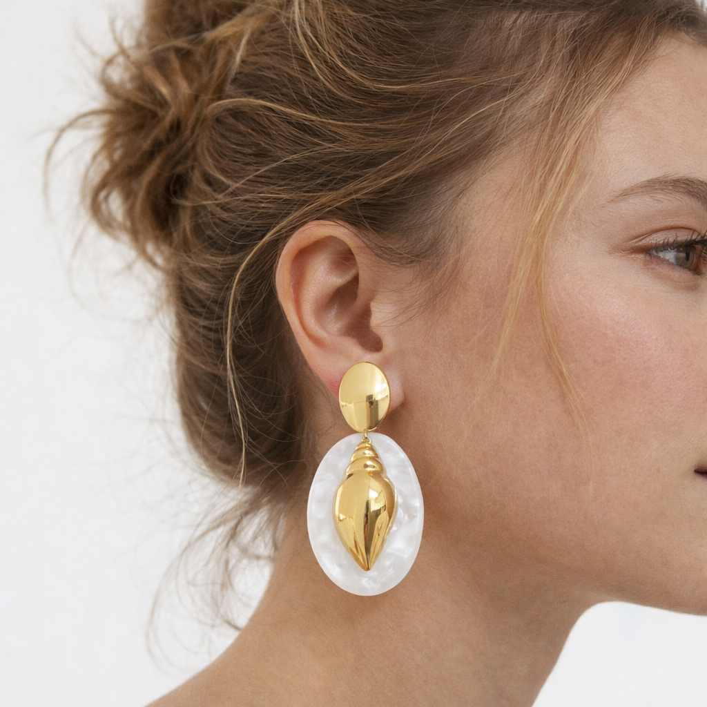 Gold Plated Conch Shell Acrylic Oval Drop Earrings, Coastal Summer Jewelry