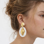 Gold Plated Conch Shell Acrylic Oval Drop Earrings, Coastal Summer Jewelry