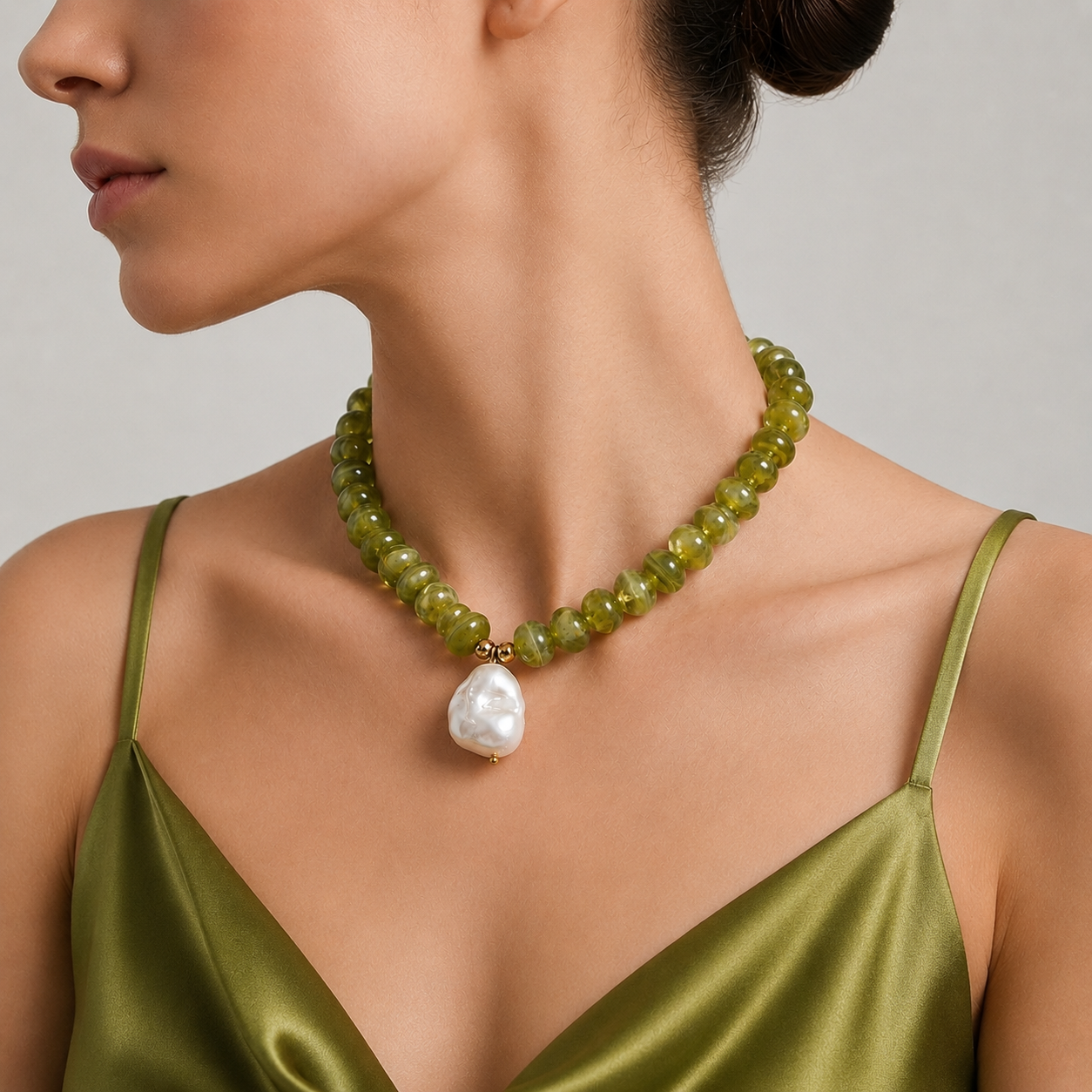 Green  Acrylic Bead Necklace – Pearl Pendant