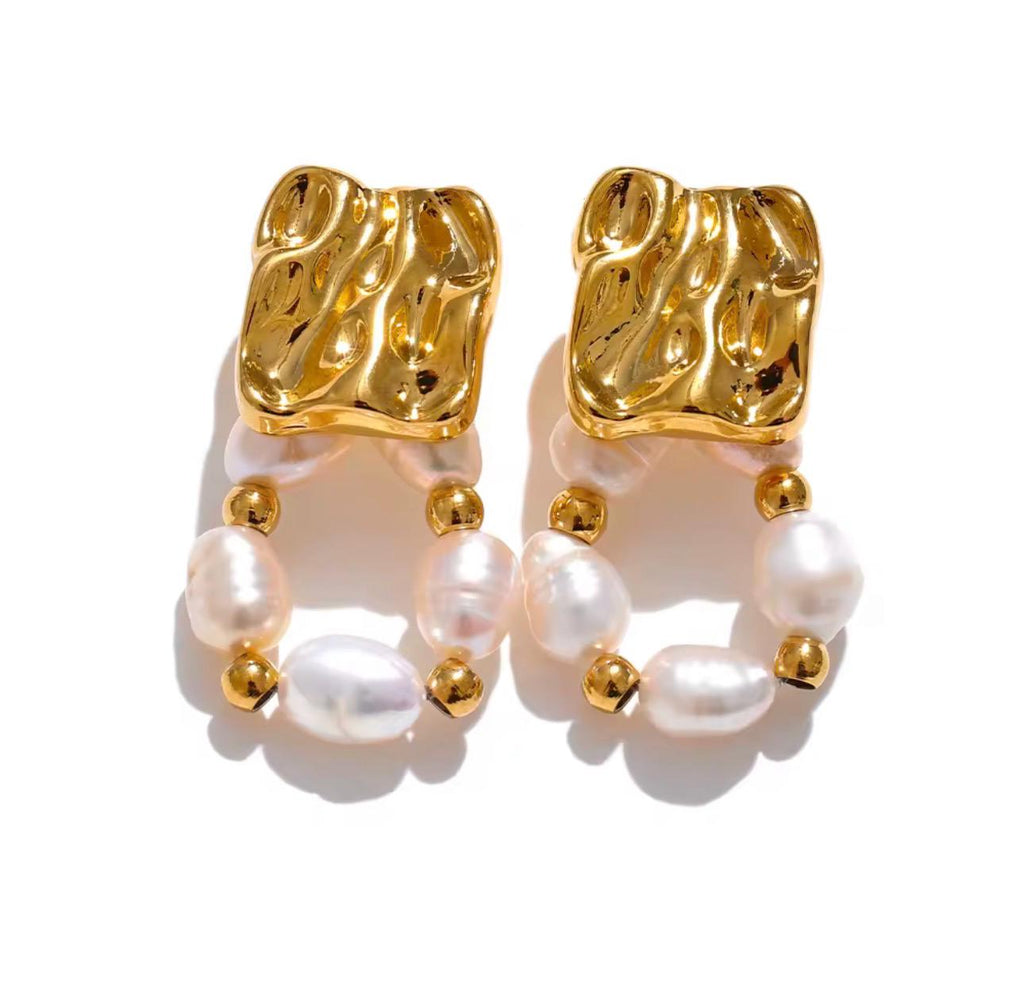 Natural Freshwater Pearl Geometric Drop Earrings, Gold Textured Stainless Steel Stud