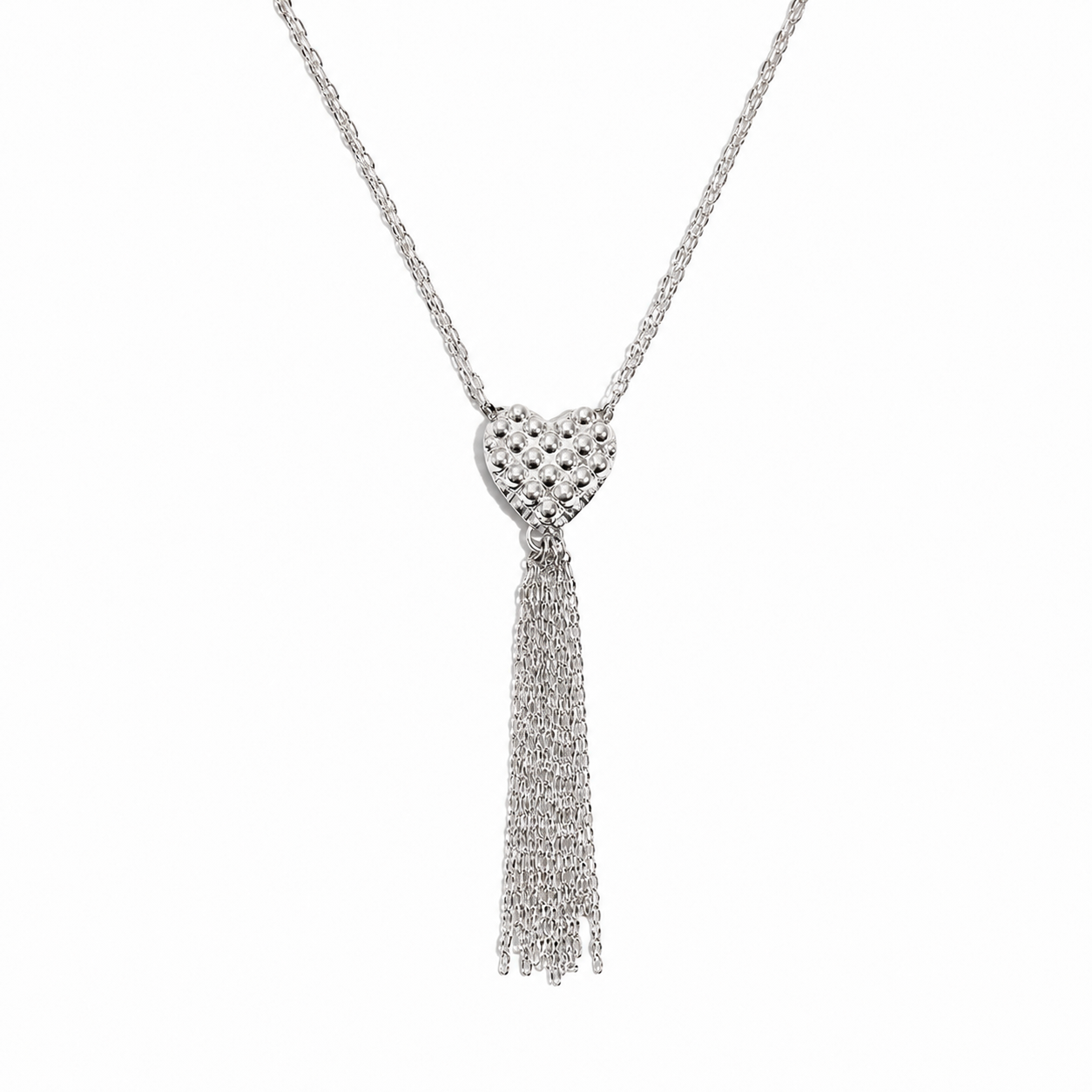 Stainless Steel Heart Tassel Necklace, Silver Chain Pendant, Minimalist Long Jewelry