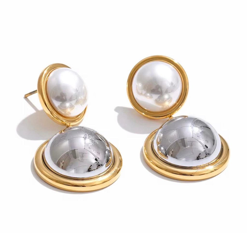 Two-Tone Sphere Drop Earrings, Gold and Silver, Minimalist Jewelry