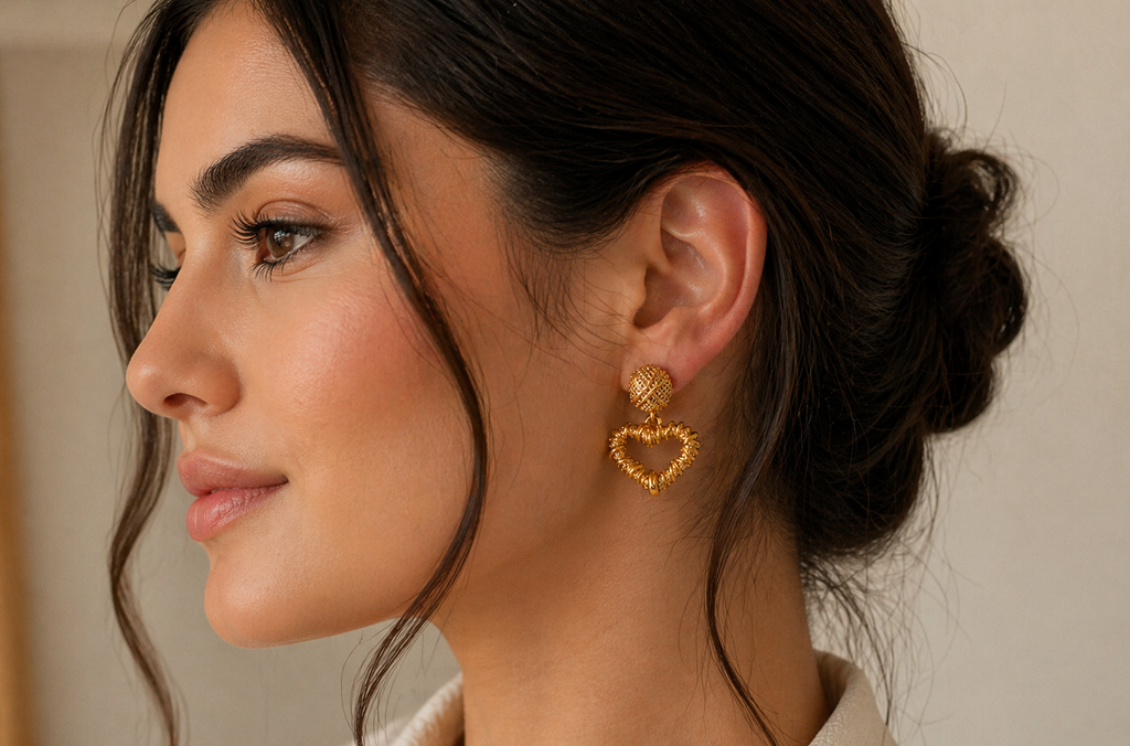 Gold Plated Stainless Steel Heart Drop Earrings, Romantic Vintage Jewelry