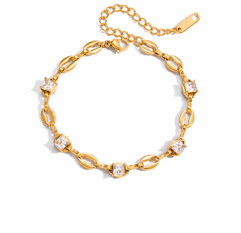 18K Gold Plated Stainless Steel Zircon Coffee Bean Chain Bracelet, Oval Link Statement Jewelry
