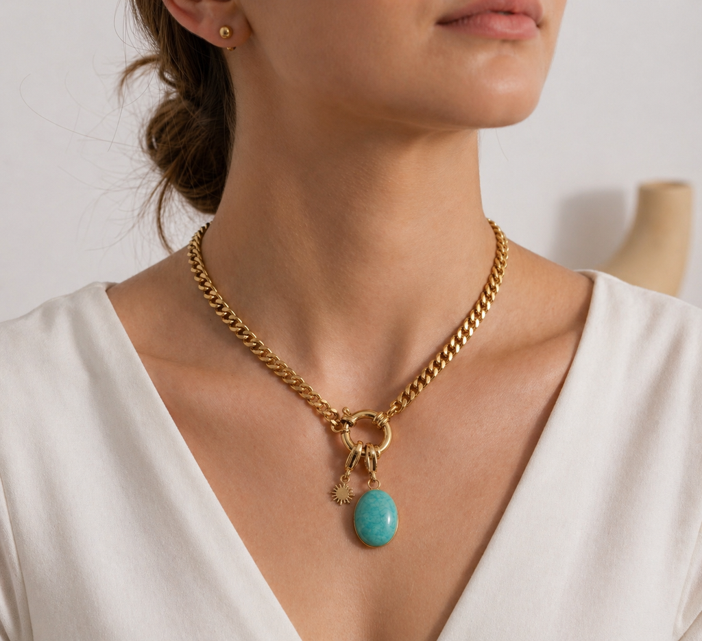 Blue Stone Pendant Necklace – Gold Stainless Steel Chain