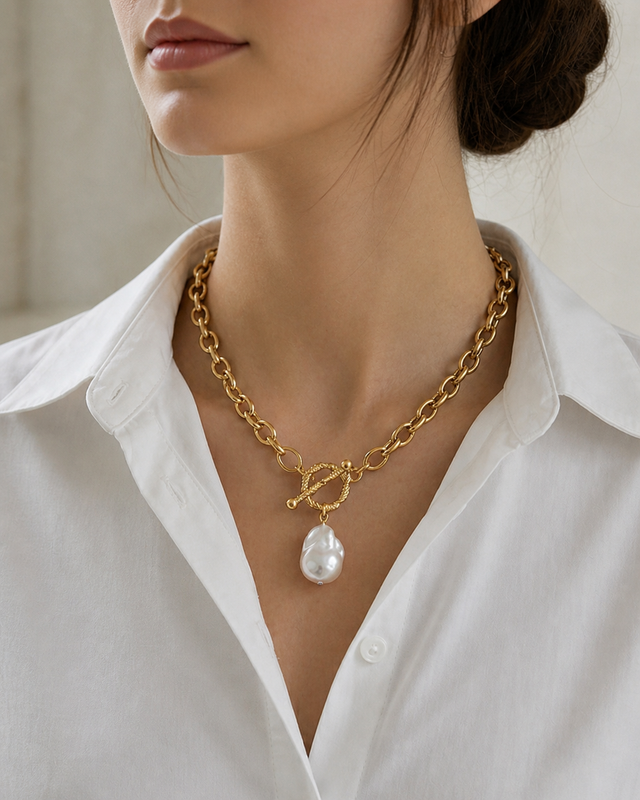 Baroque Pearl Jewelry Set – Gold Plated Stainless Steel Necklace & Bracelet