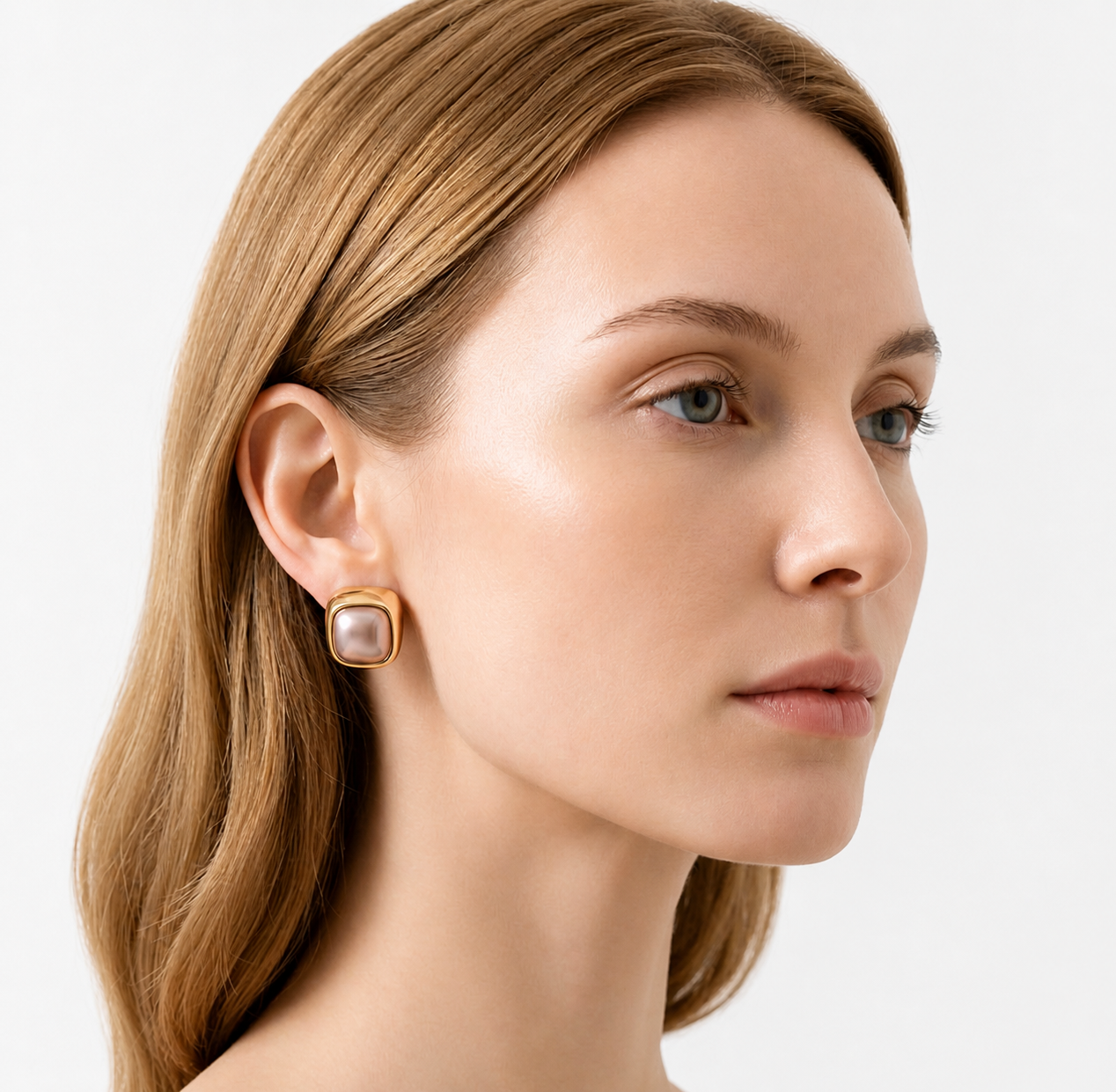 18K Gold Plated Square Simulated Pearl Stud Earrings