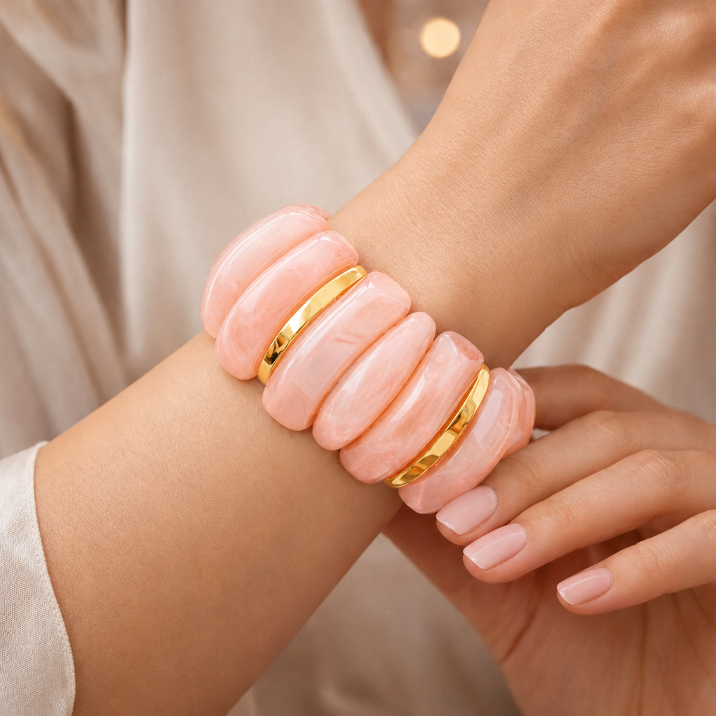 Rose Gold Chunky Resin Bracelet, Irregular Acrylic Beads, Stainless Steel Accents