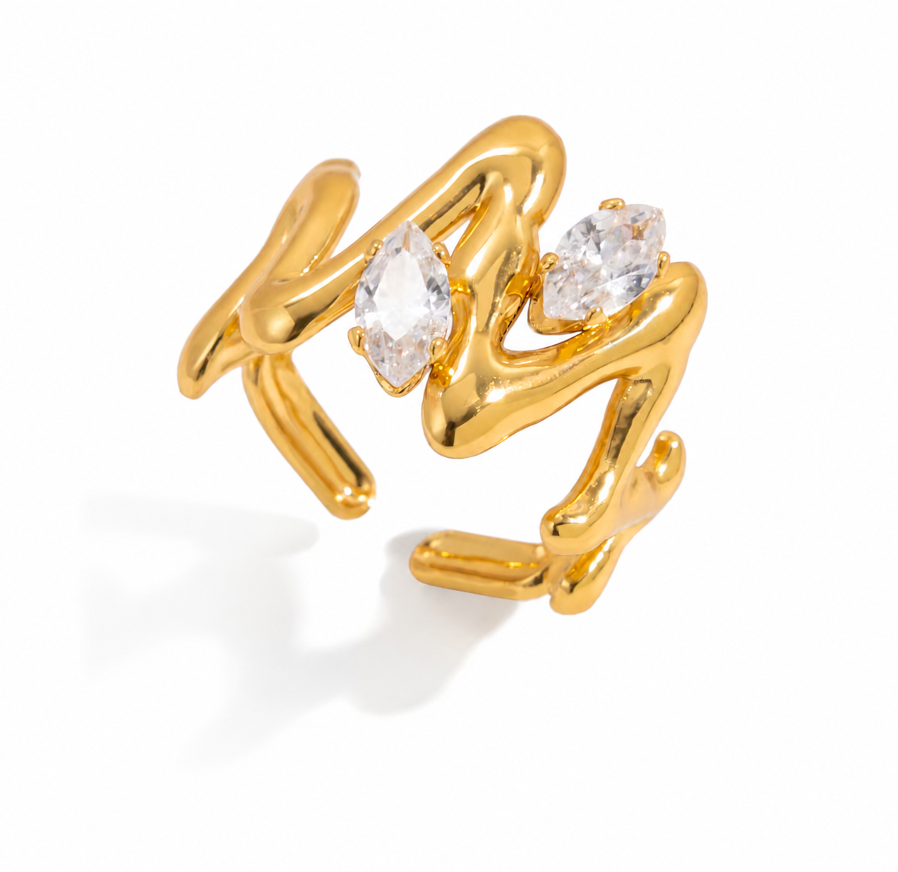 18K Gold Plated Stainless Steel Open Ring with Zircon – Minimalist Double Layer Geometric Design