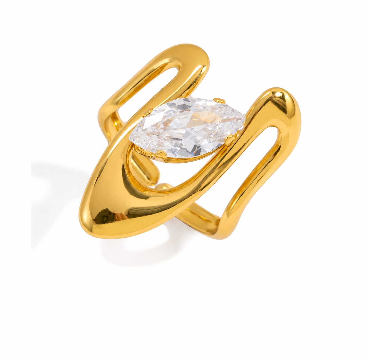 18K Gold Plated Open Ring with Zircon – Minimalist Stainless Steel Jewelry