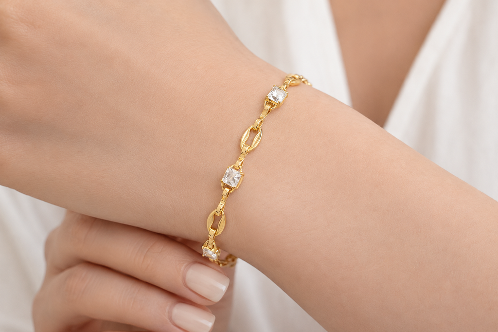 18K Gold Plated Stainless Steel Zircon Coffee Bean Chain Bracelet, Oval Link Statement Jewelry