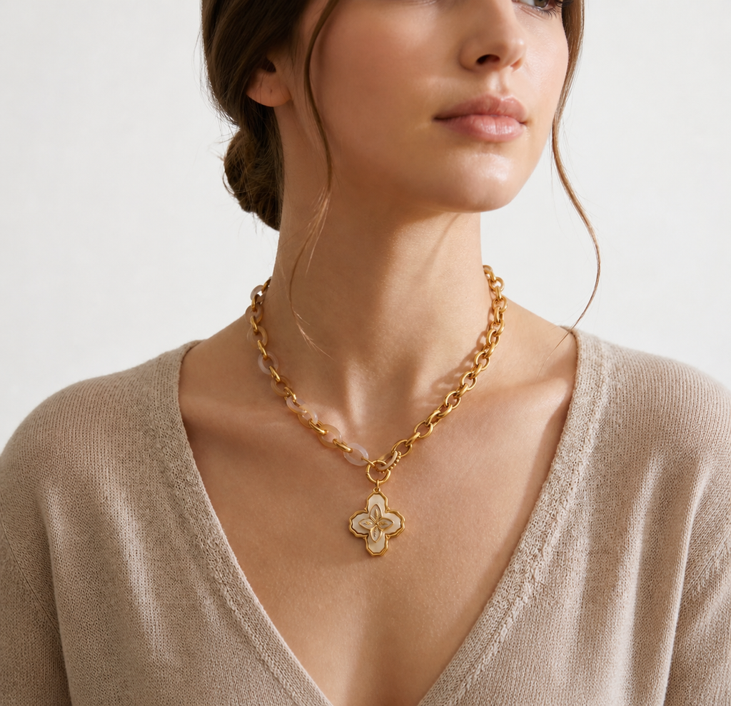 Brown Enamel Shell Flower Pendant Necklace, Gold PVD Stainless Steel Chain