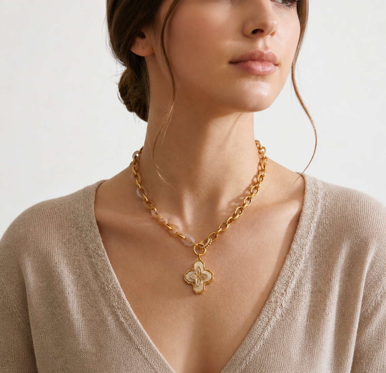Brown Enamel Shell Flower Pendant Necklace, Gold PVD Stainless Steel Chain