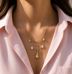 18K Gold Plated Beaded Necklace, White Zircon Teardrop Tassel Pendant