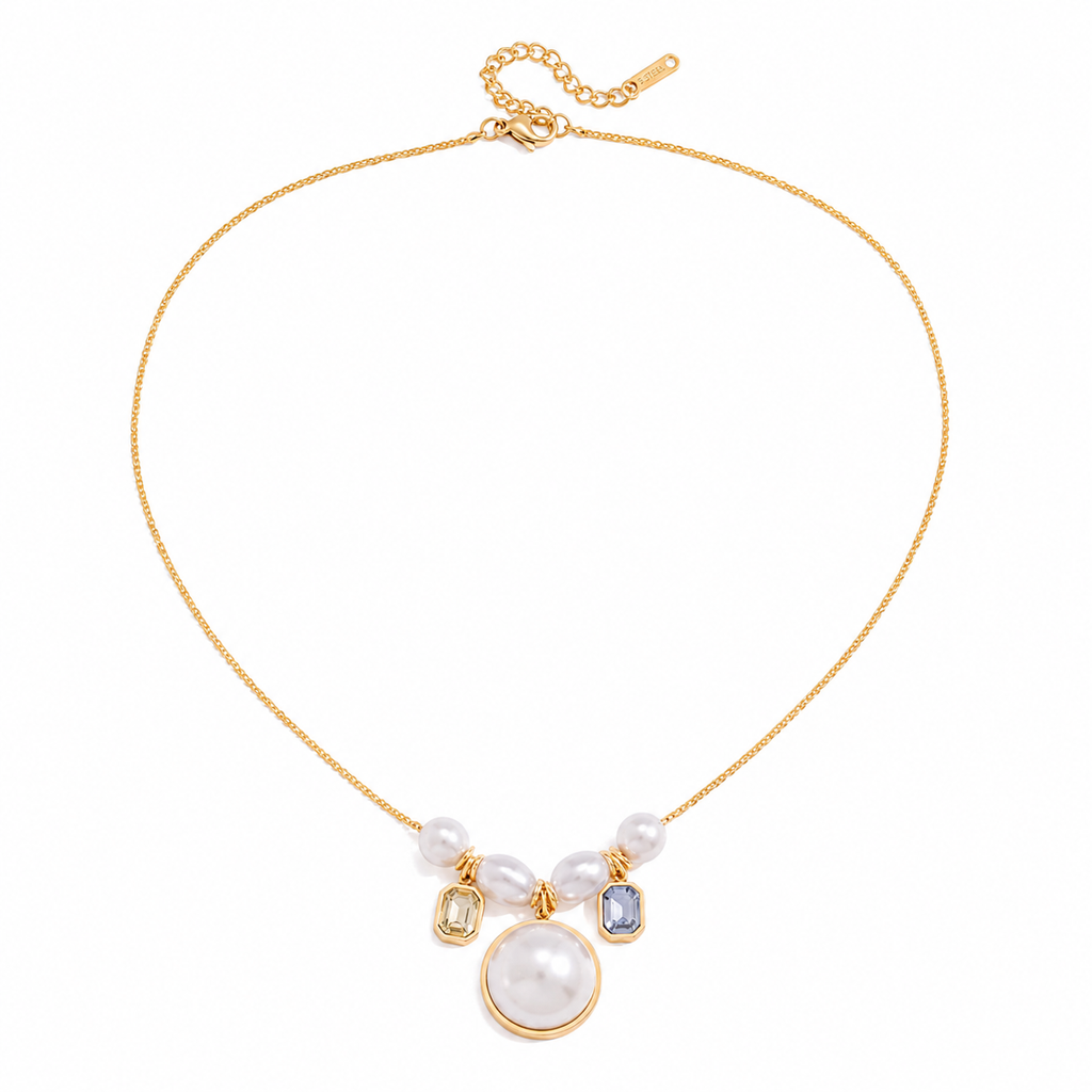 Gold Plated Pearl Necklace – Stainless Steel, Zircon Pendant