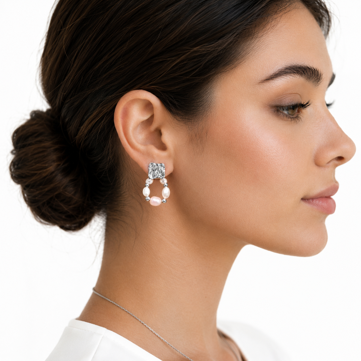 Silver Geometric Pearl Drop Earrings, Handmade Stainless Steel Baroque Hoop Jewelry