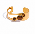 18K Gold Plated Stainless Steel Open Cuff Bracelet with Brown Stones – Adjustable Bangle