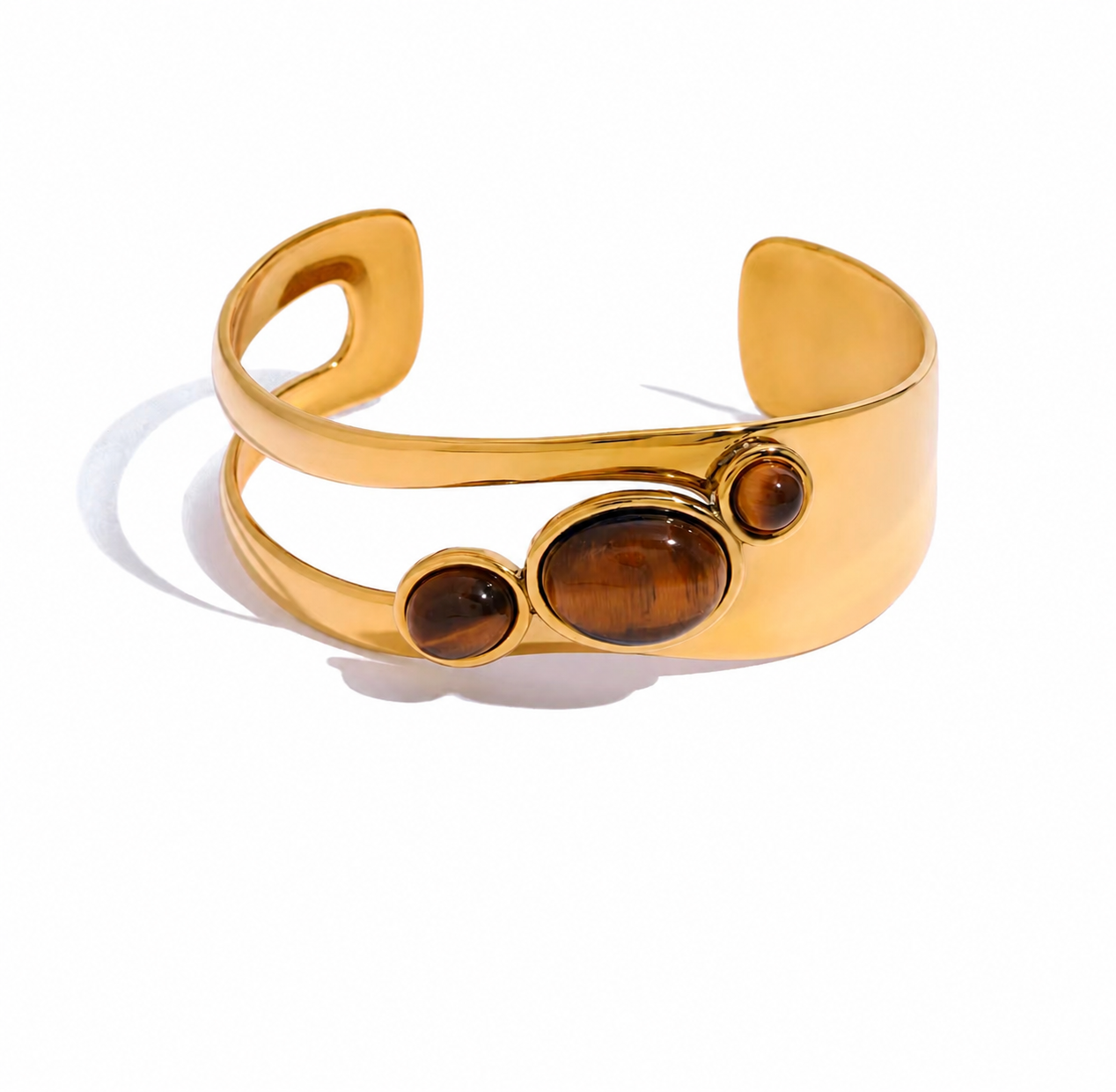 18K Gold Plated Stainless Steel Open Cuff Bracelet with Brown Stones – Adjustable Bangle