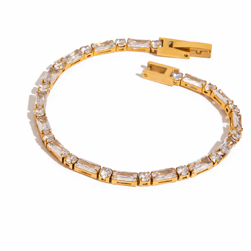 Dainty Gold Tennis Bracelet, White CZ, Oval Paperclip Chain, Wedding Jewelry
