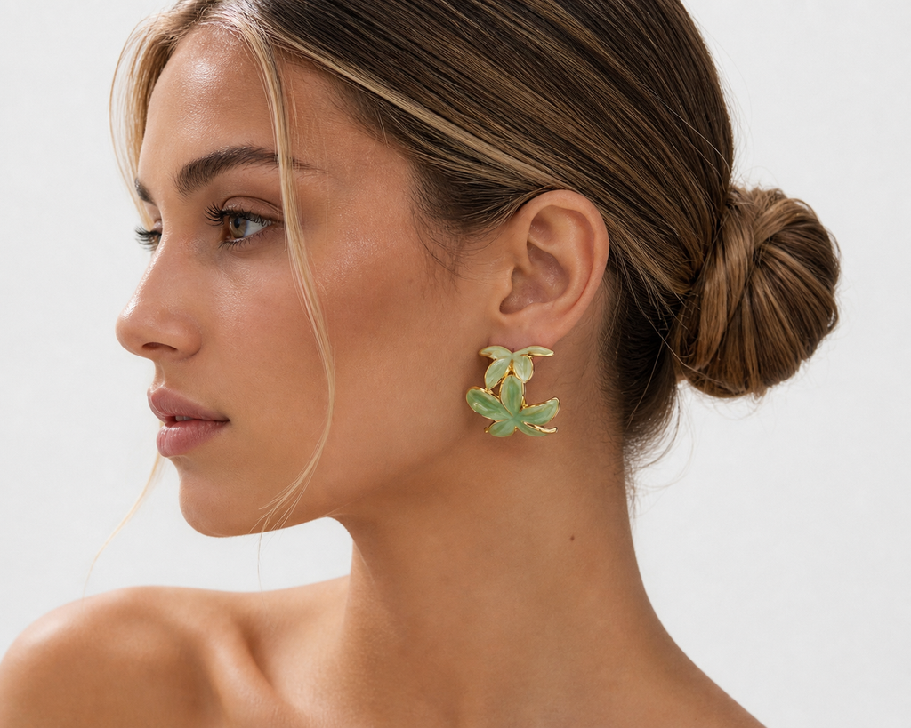 Green Marbled Resin Leaf Hoop Earrings, Gold Stainless Steel Statement Botanical Jewelry