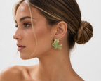 Green Marbled Resin Leaf Hoop Earrings, Gold Stainless Steel Statement Botanical Jewelry