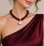 Dark Red Acrylic Bead Necklace – Pearl Pendant