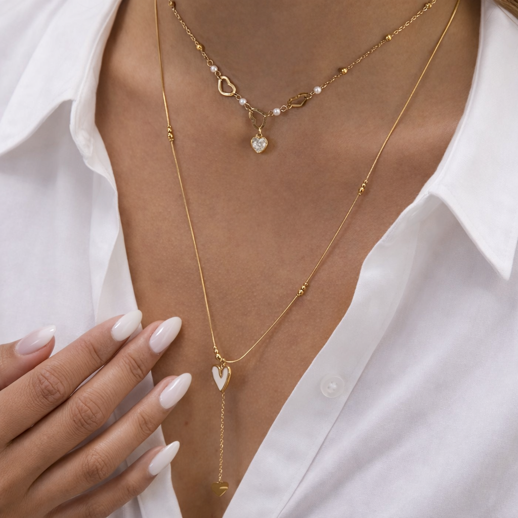 Gold Stainless Steel Double Layer Heart Necklace, Zirconia & Mother of Pearl Pendant