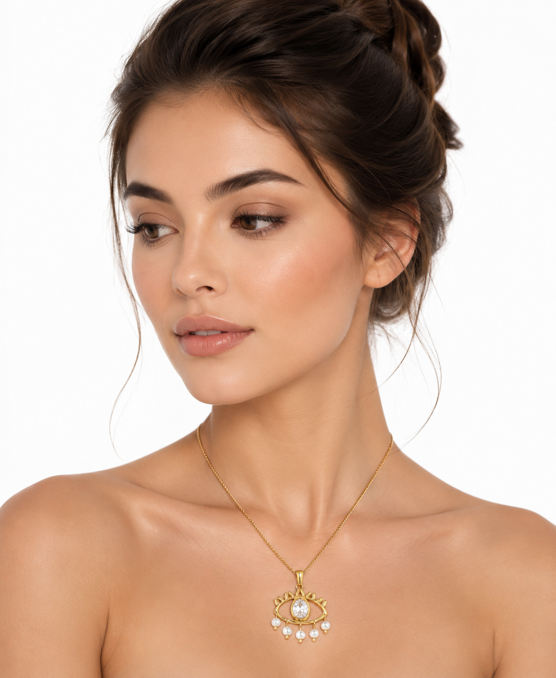 Gold Evil Eye Pendant Necklace, Zircon & Pearl, Elegant Protection