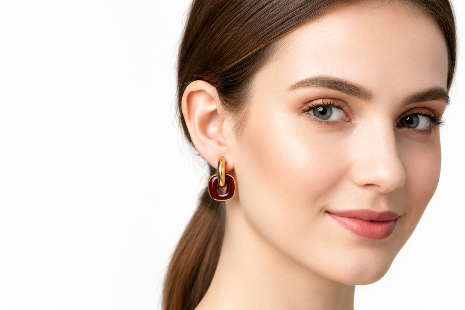 Gold Plated Stainless Steel Double Hoop Earrings with Wine Red Enamel Geometric Link