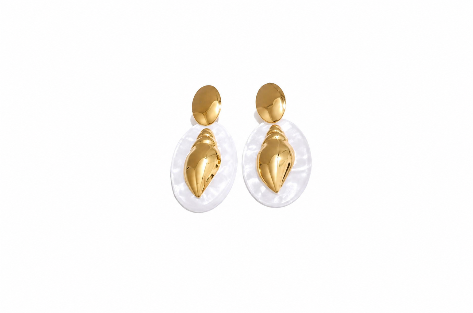 Gold Plated Conch Shell Acrylic Oval Drop Earrings, Coastal Summer Jewelry