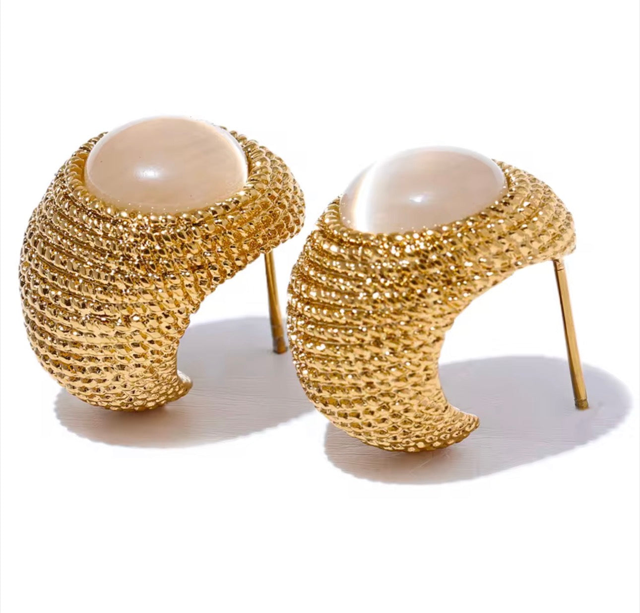 Beige Cat Eye Stone Earrings – Gold Stainless Steel C Shape