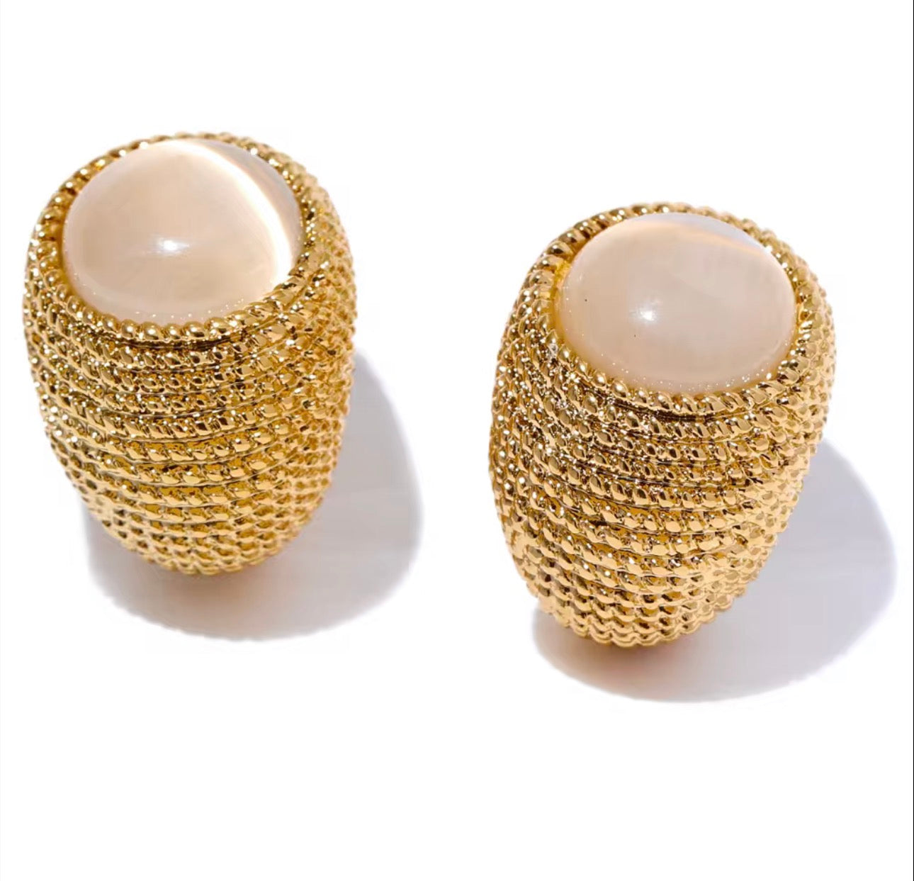 Beige Cat Eye Stone Earrings – Gold Stainless Steel C Shape