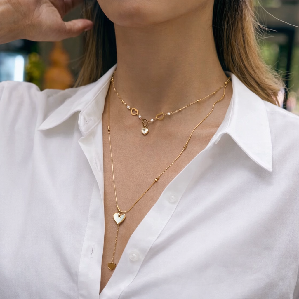 Gold Stainless Steel Double Layer Heart Necklace, Zirconia & Mother of Pearl Pendant