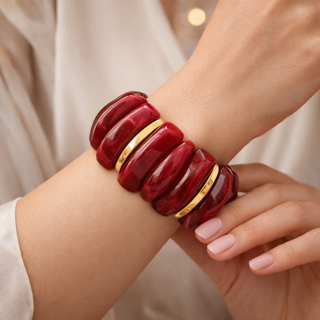 Dark Red Chunky Resin Bracelet, Irregular Acrylic Beads, Stainless Steel Accents