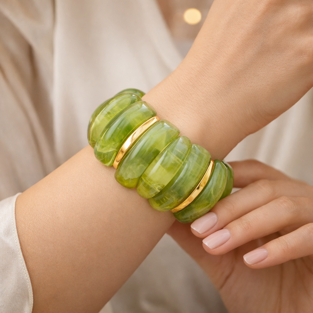 Chunky Green Resin Bracelet, Irregular Acrylic Beads, Stainless Steel Accents