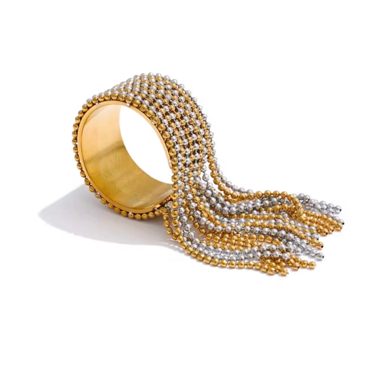 Gold Plated Fringe Bead Ring – Two-Tone Stainless Steel Fashion Ring