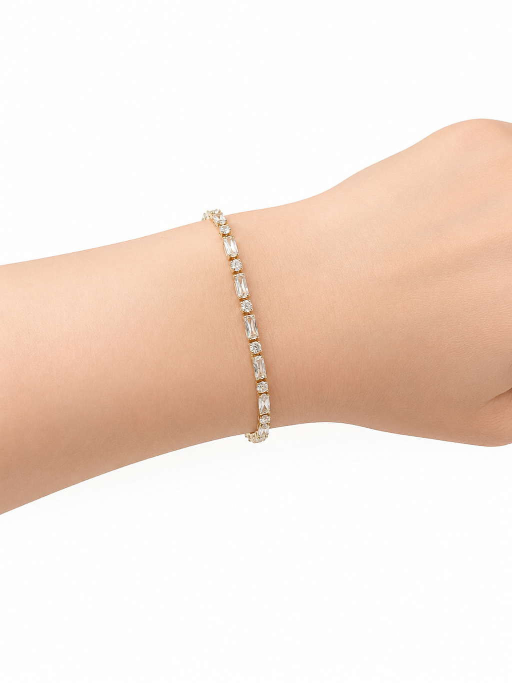 Dainty Gold Tennis Bracelet, White CZ, Oval Paperclip Chain, Wedding Jewelry