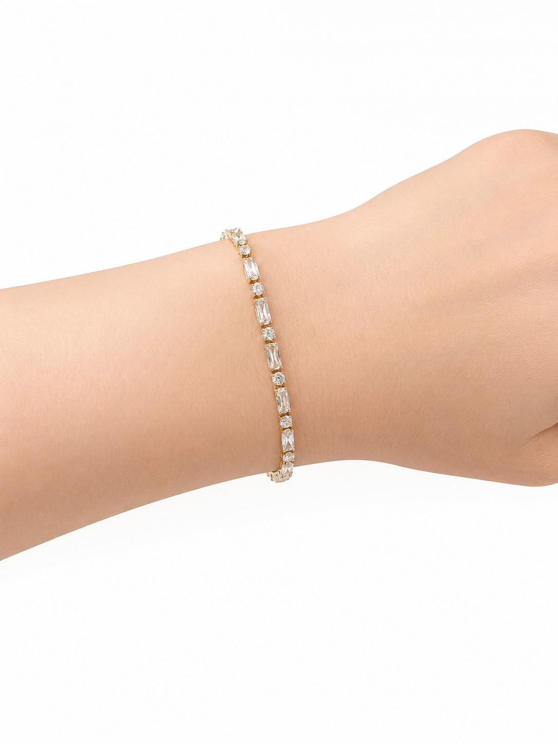 Dainty Gold Tennis Bracelet, White CZ, Oval Paperclip Chain, Wedding Jewelry