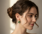 Minimalist Double Ring Hoop Earrings: 18K Gold Plated, Interlocking Link, Green Accent