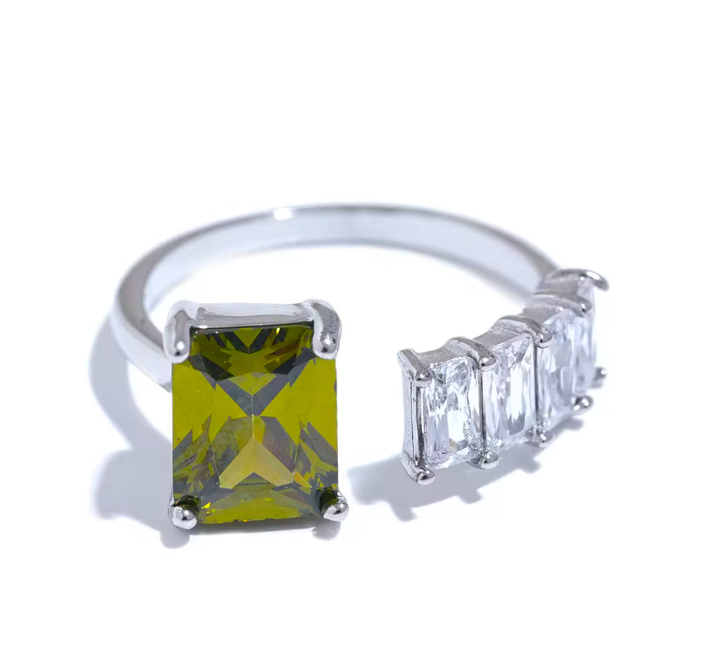 Peridot Zircon Stainless Steel Ring – Elegant Square Cut Statement Jewelry