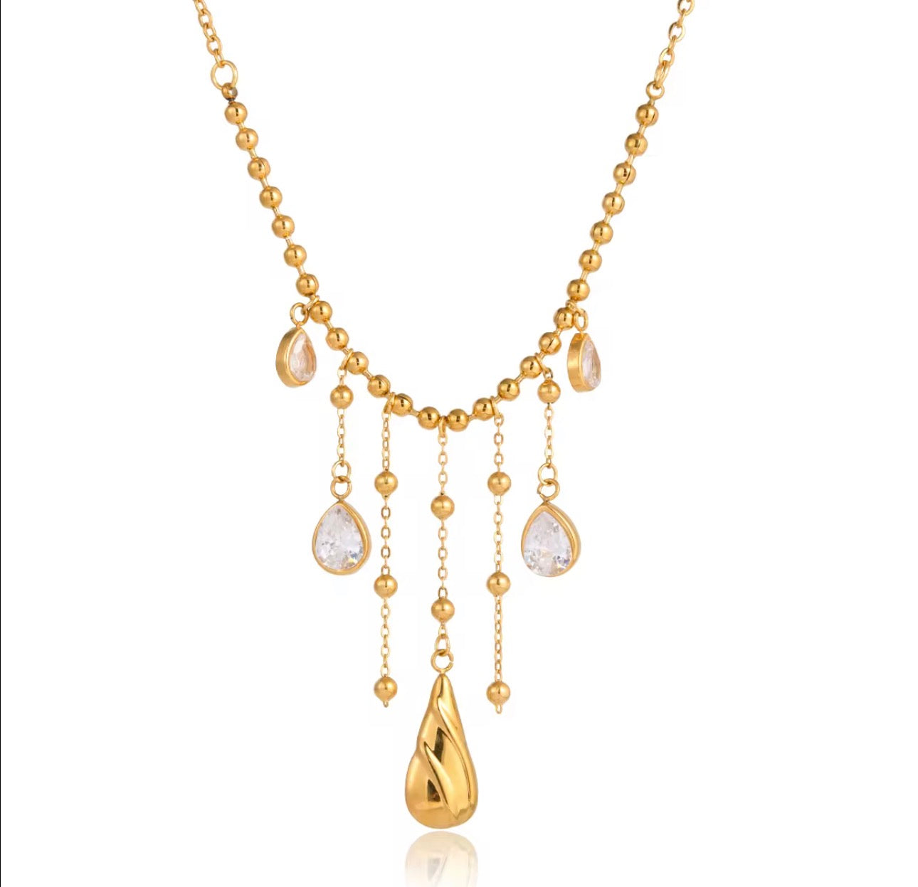 18K Gold Plated Beaded Necklace, White Zircon Teardrop Tassel Pendant
