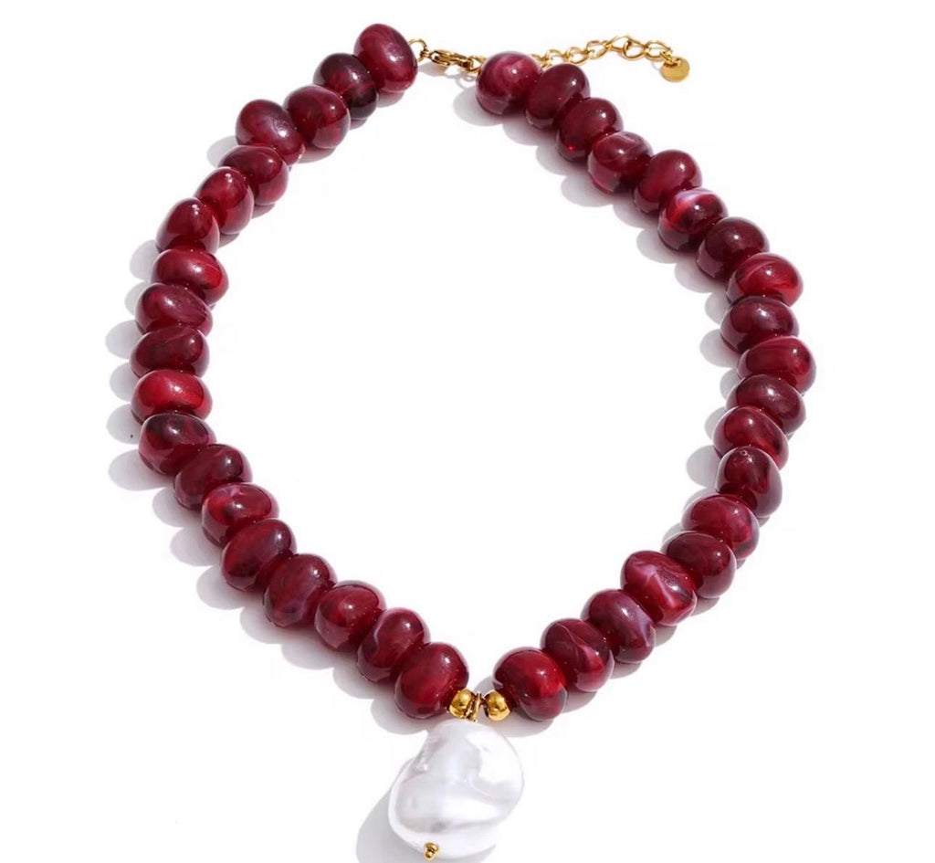Dark Red Acrylic Bead Necklace – Pearl Pendant