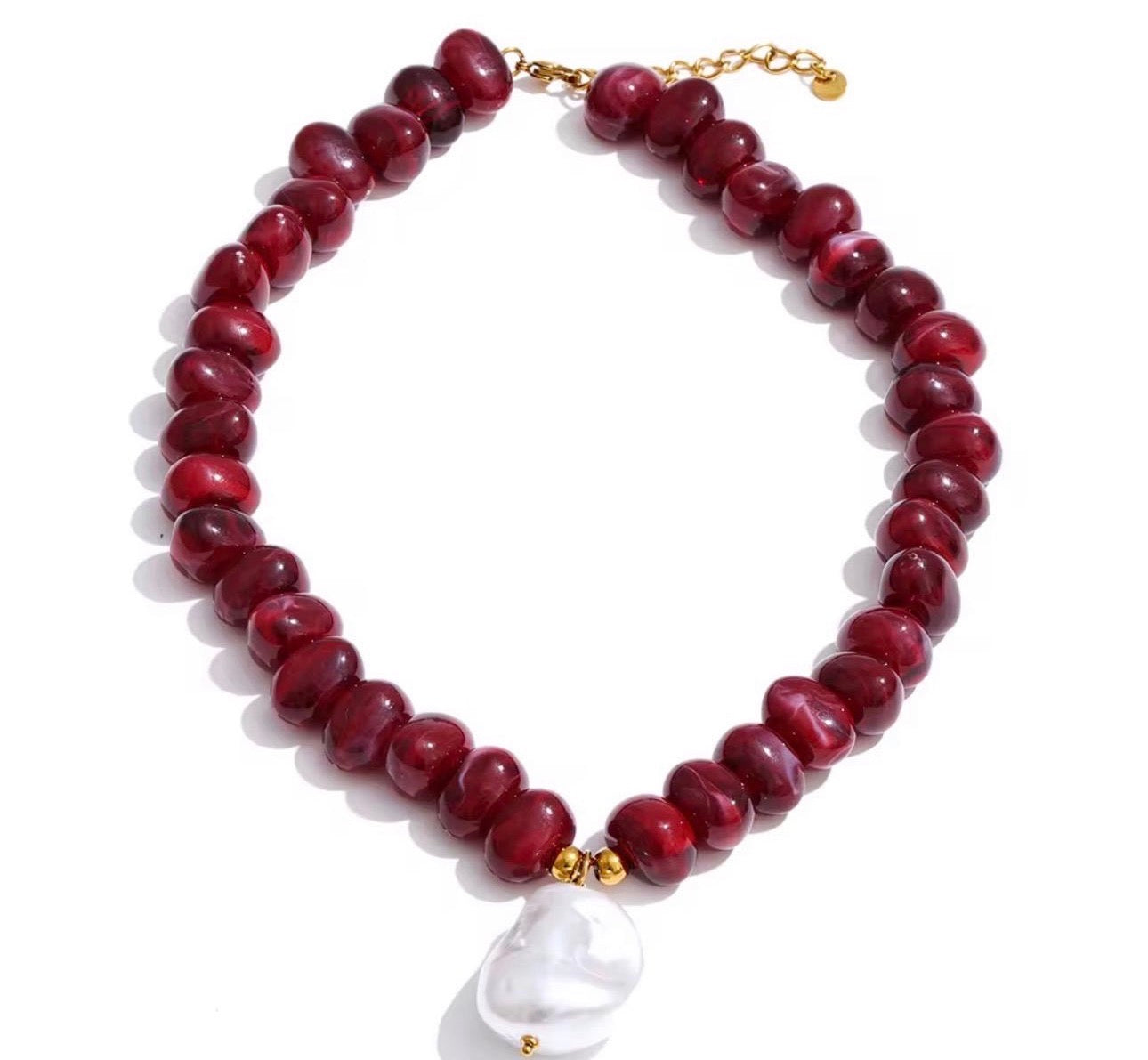 Dark Red Acrylic Bead Necklace – Pearl Pendant
