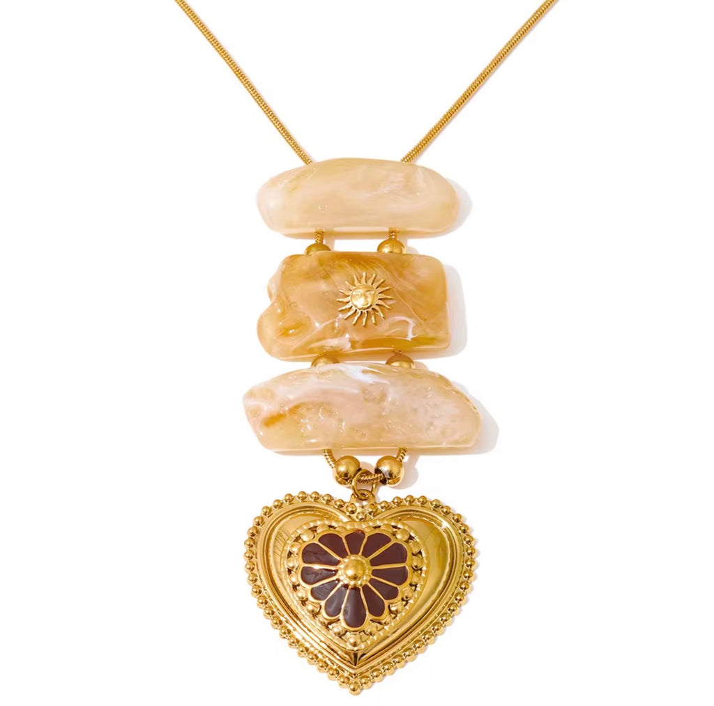 Chunky Resin Heart Pendant Necklace - Long Gold Chain