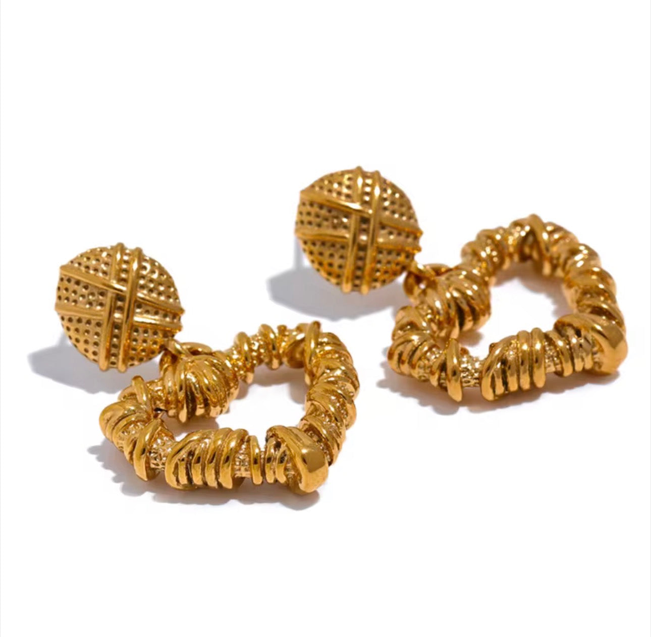 Gold Plated Stainless Steel Heart Drop Earrings, Romantic Vintage Jewelry