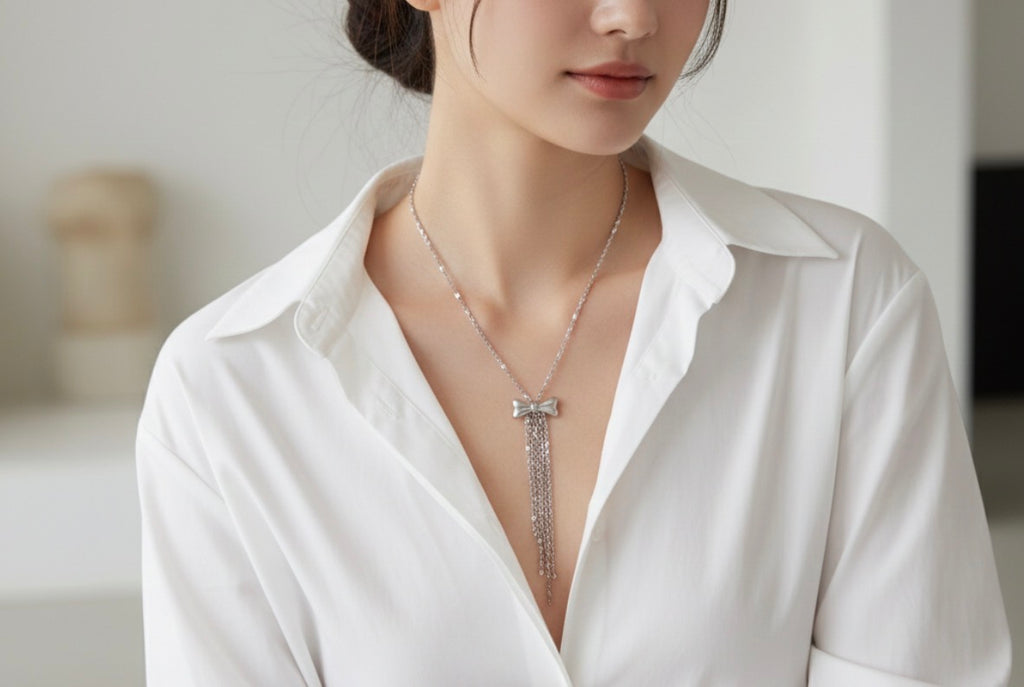 Bow Tassel Necklace, Silver Stainless Steel Dainty Pendant, Minimalist Chain Jewelry