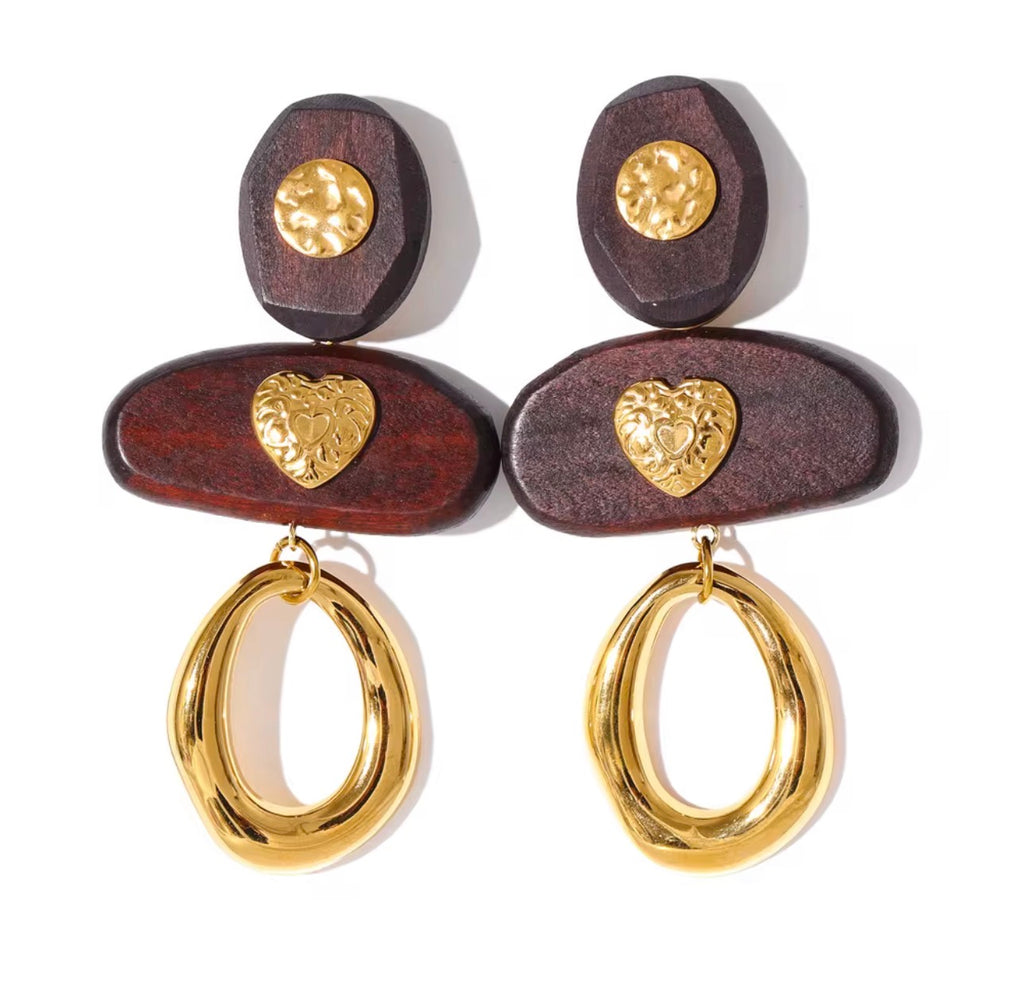 Brown Wooden Geometric Drop Earrings Gold Plated Stainless Steel Hoop Dangle Earrings for Women