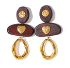 Brown Wooden Geometric Drop Earrings Gold Plated Stainless Steel Hoop Dangle Earrings for Women