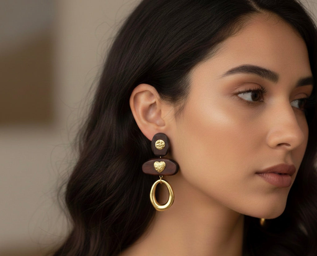 Brown Wooden Geometric Drop Earrings Gold Plated Stainless Steel Hoop Dangle Earrings for Women