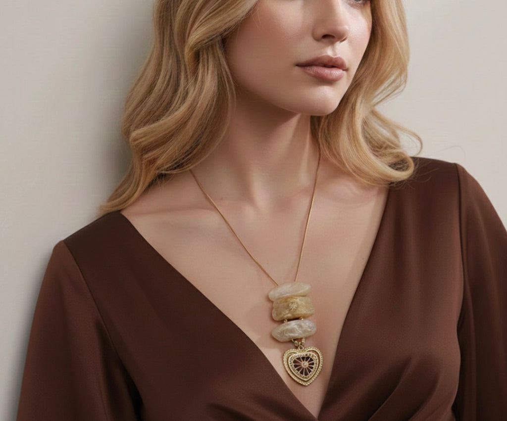 Chunky Resin Heart Pendant Necklace - Long Gold Chain